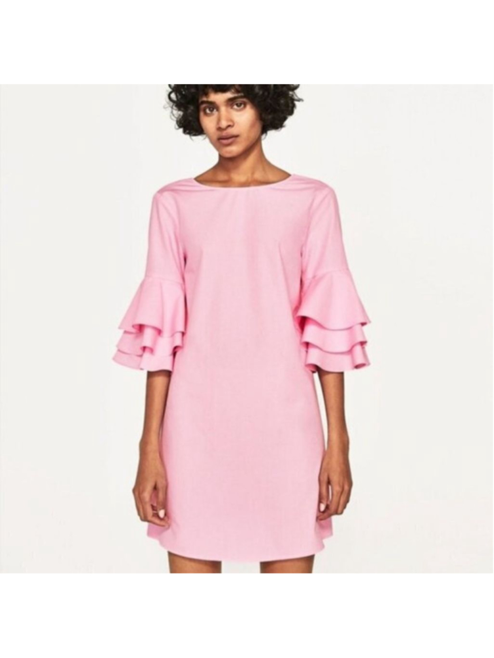 ZARA NWT Pink Ruffle Sleeve 100% Cotton Mini Shift Dress XS